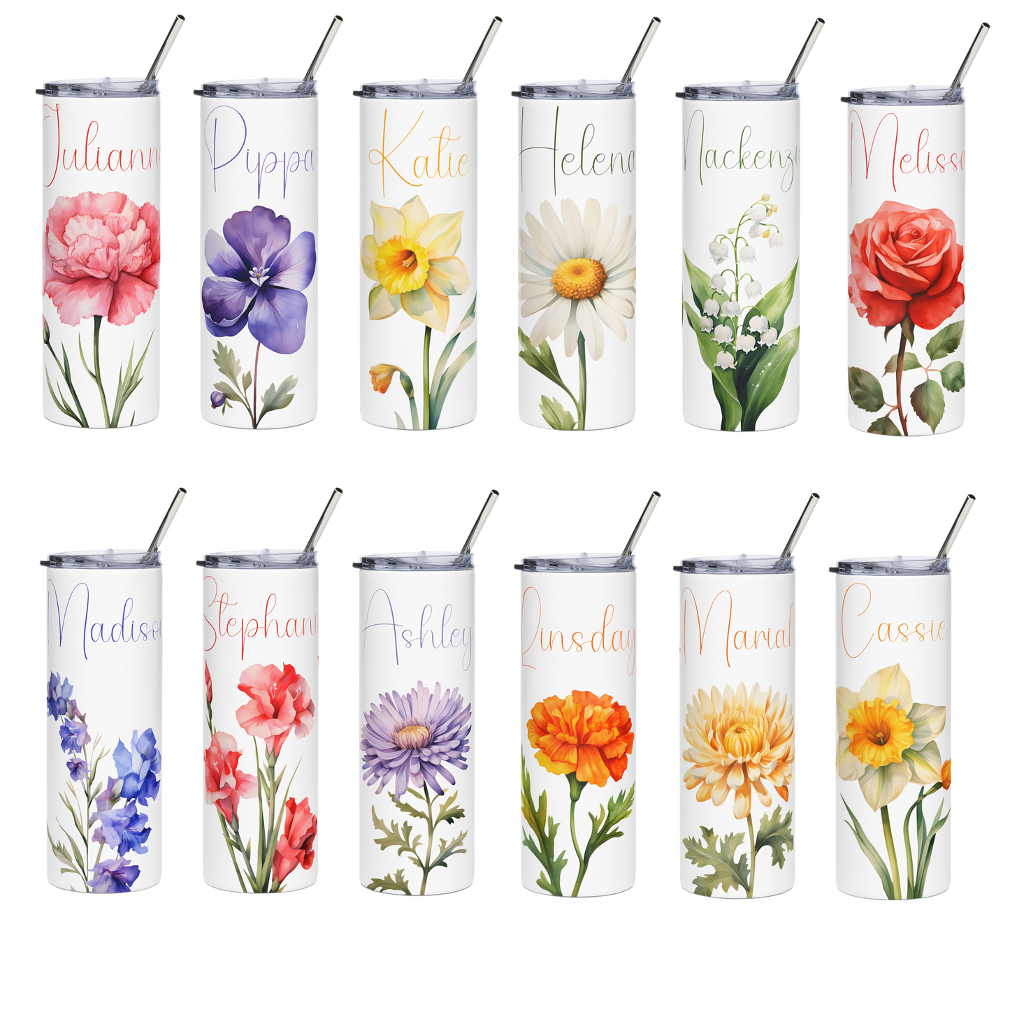 Personalized Birth Month Flower Tumbler: 20oz Stainless Steel