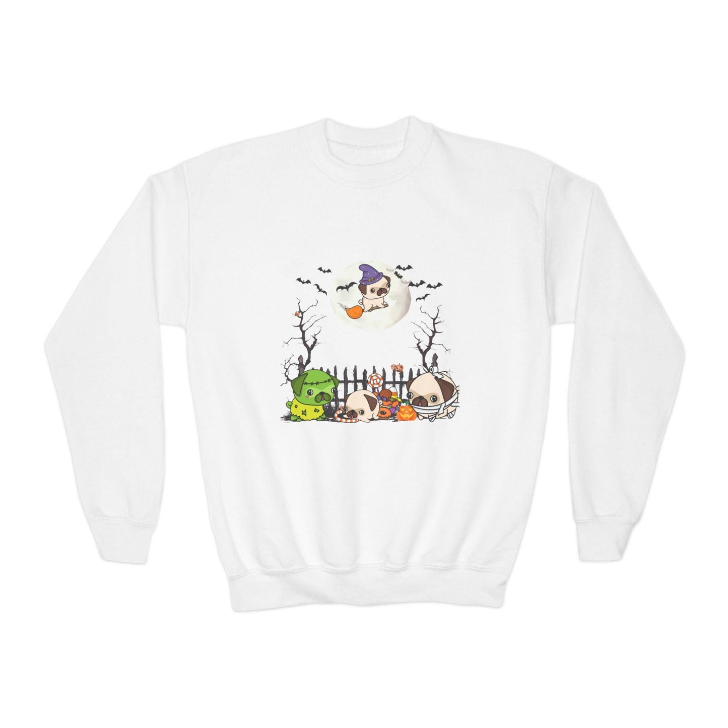 Youth Pug Halloween Sweatshirt, Unisex Crewneck Jumper, Dog Lover Gift, Halloween Costume Shirt, Cozy Fall Sweater