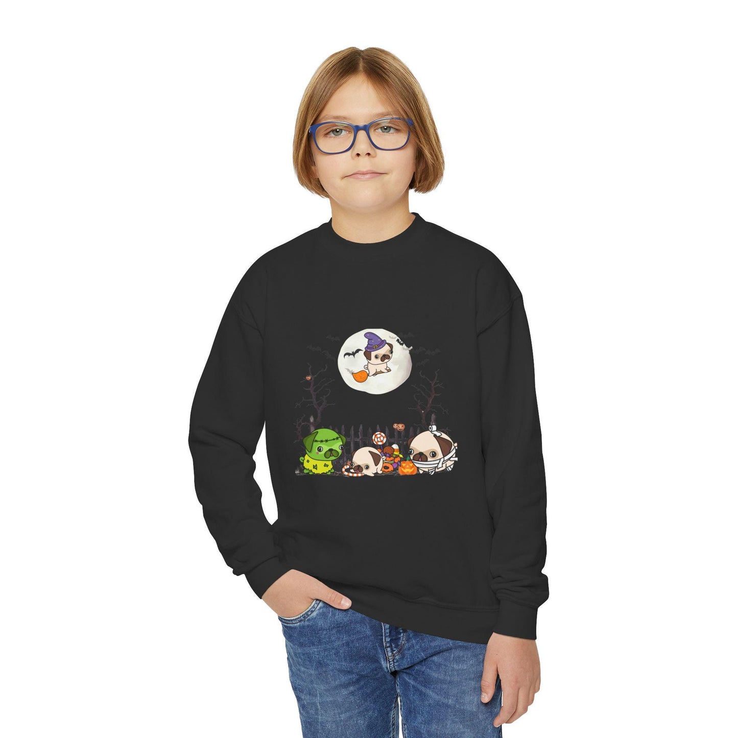 Youth Pug Halloween Sweatshirt, Unisex Crewneck Jumper, Dog Lover Gift, Halloween Costume Shirt, Cozy Fall Sweater