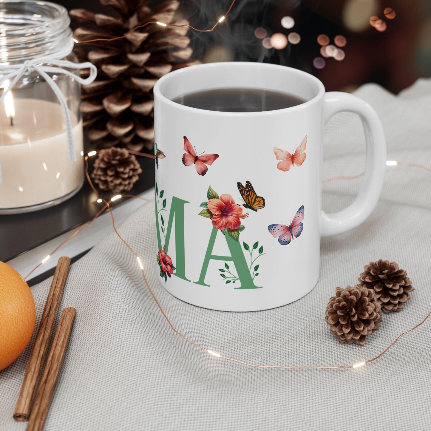 Botanical 'Mama' Ceramic Mug - Mother's Day Gift, Birthday Present, Christmas Mug, Nature Lover Cup, Hummingbird and Butterflies