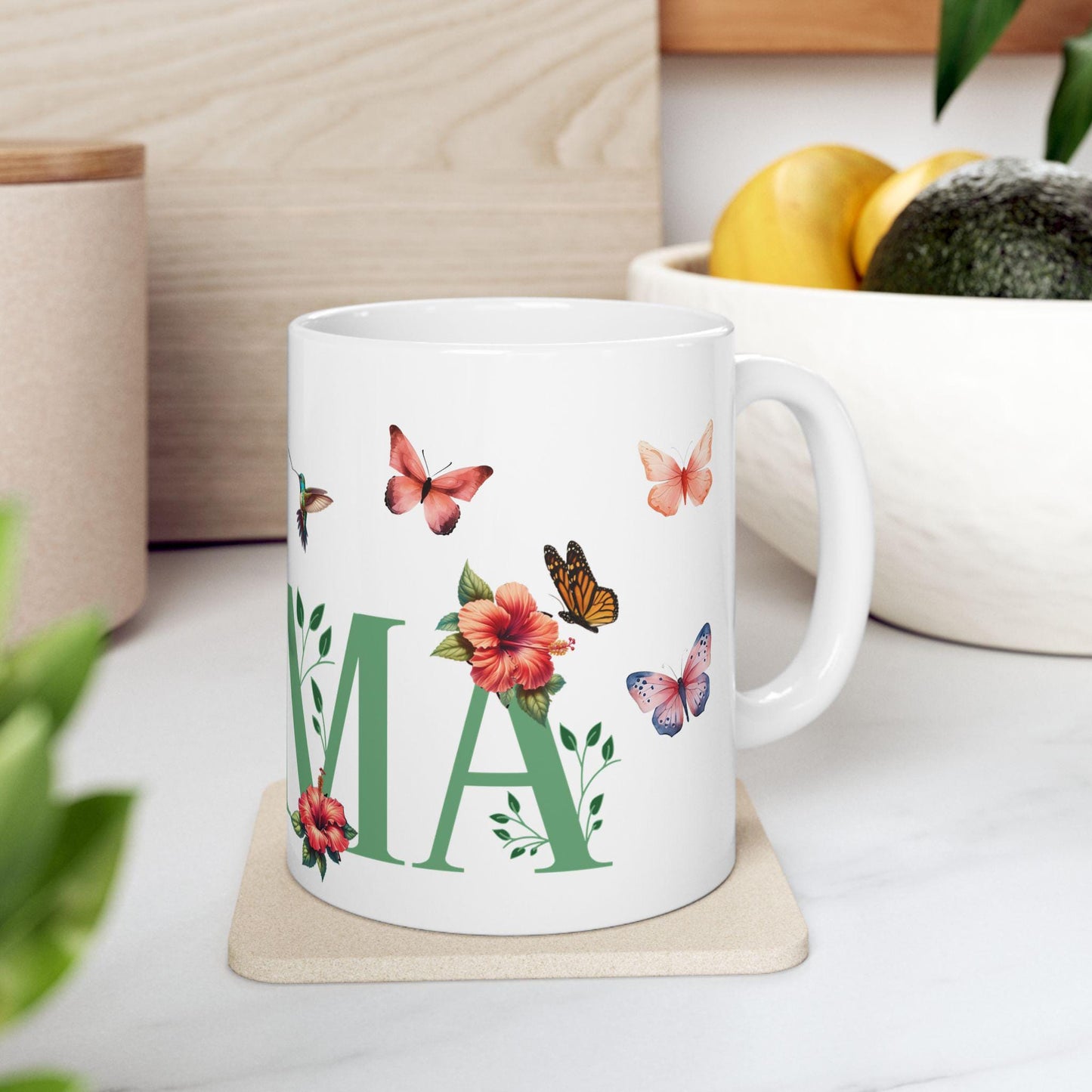 Botanical 'Mama' Ceramic Mug - Mother's Day Gift, Birthday Present, Christmas Mug, Nature Lover Cup, Hummingbird and Butterflies