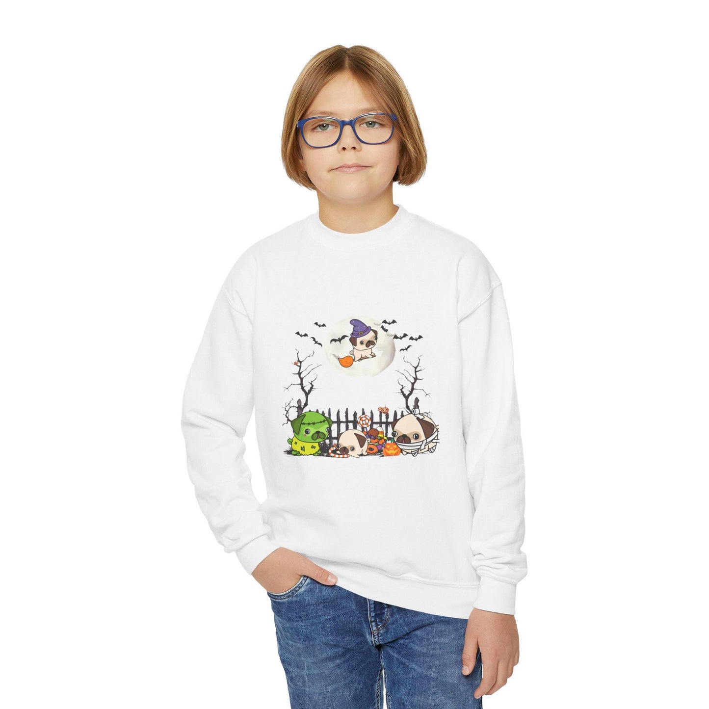 Youth Pug Halloween Sweatshirt, Unisex Crewneck Jumper, Dog Lover Gift, Halloween Costume Shirt, Cozy Fall Sweater