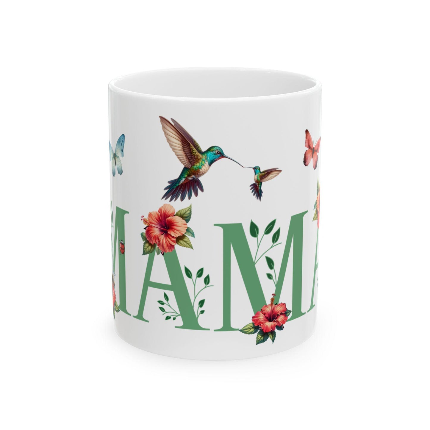 Botanical 'Mama' Ceramic Mug - Mother's Day Gift, Birthday Present, Christmas Mug, Nature Lover Cup, Hummingbird and Butterflies