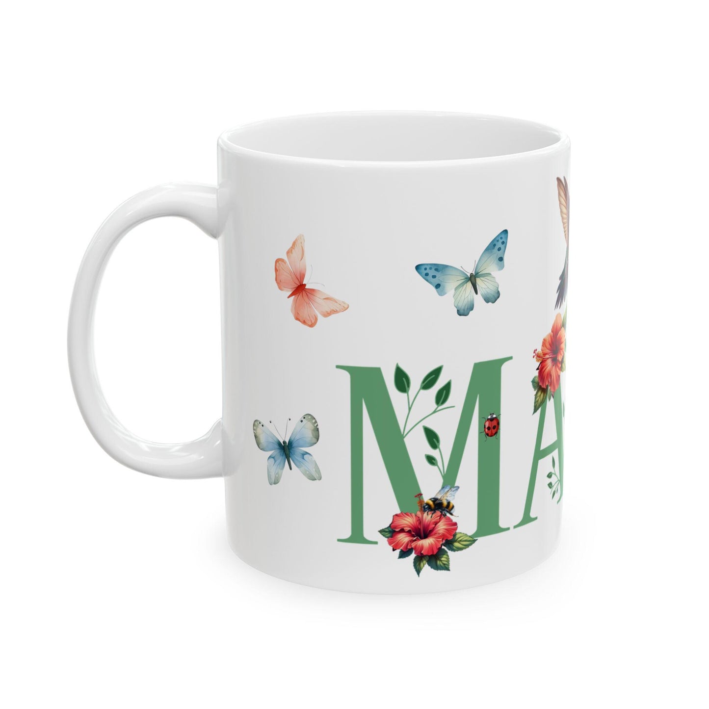 Botanical 'Mama' Ceramic Mug - Mother's Day Gift, Birthday Present, Christmas Mug, Nature Lover Cup, Hummingbird and Butterflies