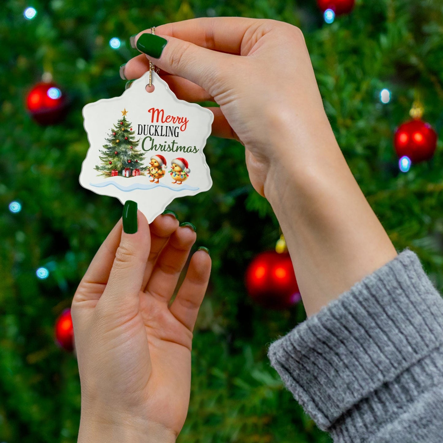 Christmas Ceramic Ornament, 4 Shapes, Funny Duckling Holiday Decoration, Happy Duckling Christmas Tree Ornament, Cute Xmas Bauble, Festive