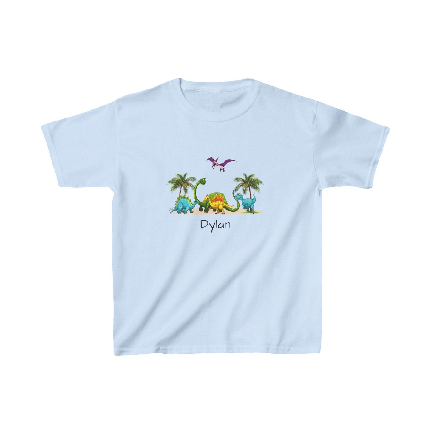 Dinosaur Kids Tee, Personalized Shirt for Boys and Girls, Cute Jurassic T-Shirt, Pterodactyl, Palm Trees, Custom Name Option, Children's