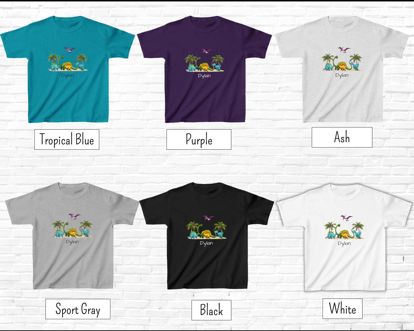 Dinosaur Kids Tee, Personalized Shirt for Boys and Girls, Cute Jurassic T-Shirt, Pterodactyl, Palm Trees, Custom Name Option, Children's