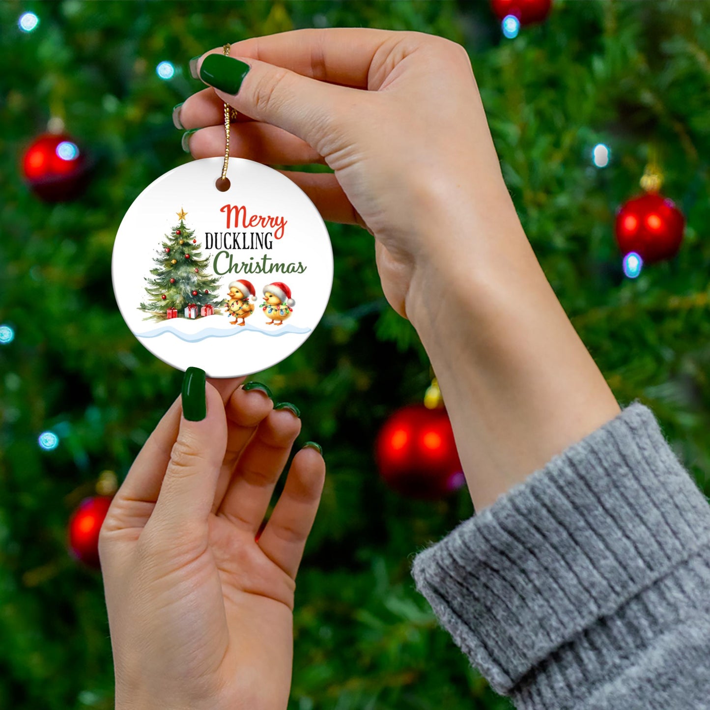 Christmas Ceramic Ornament, 4 Shapes, Funny Duckling Holiday Decoration, Happy Duckling Christmas Tree Ornament, Cute Xmas Bauble, Festive