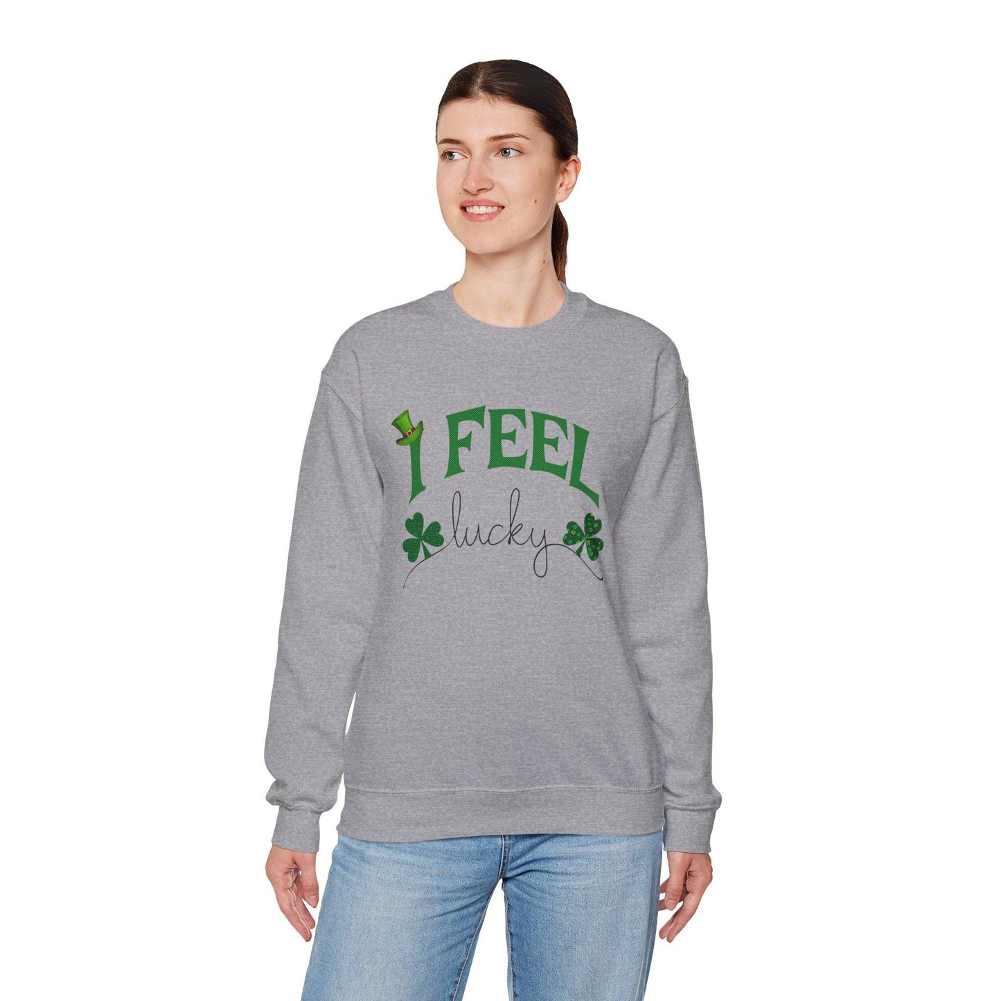 St Patrick's Day Unisex Sweatshirt, I Feel Lucky, Shamrock & Leprechaun Hat, Crewneck Jumper, Green Top, Lucky Charm, Irish Sweater