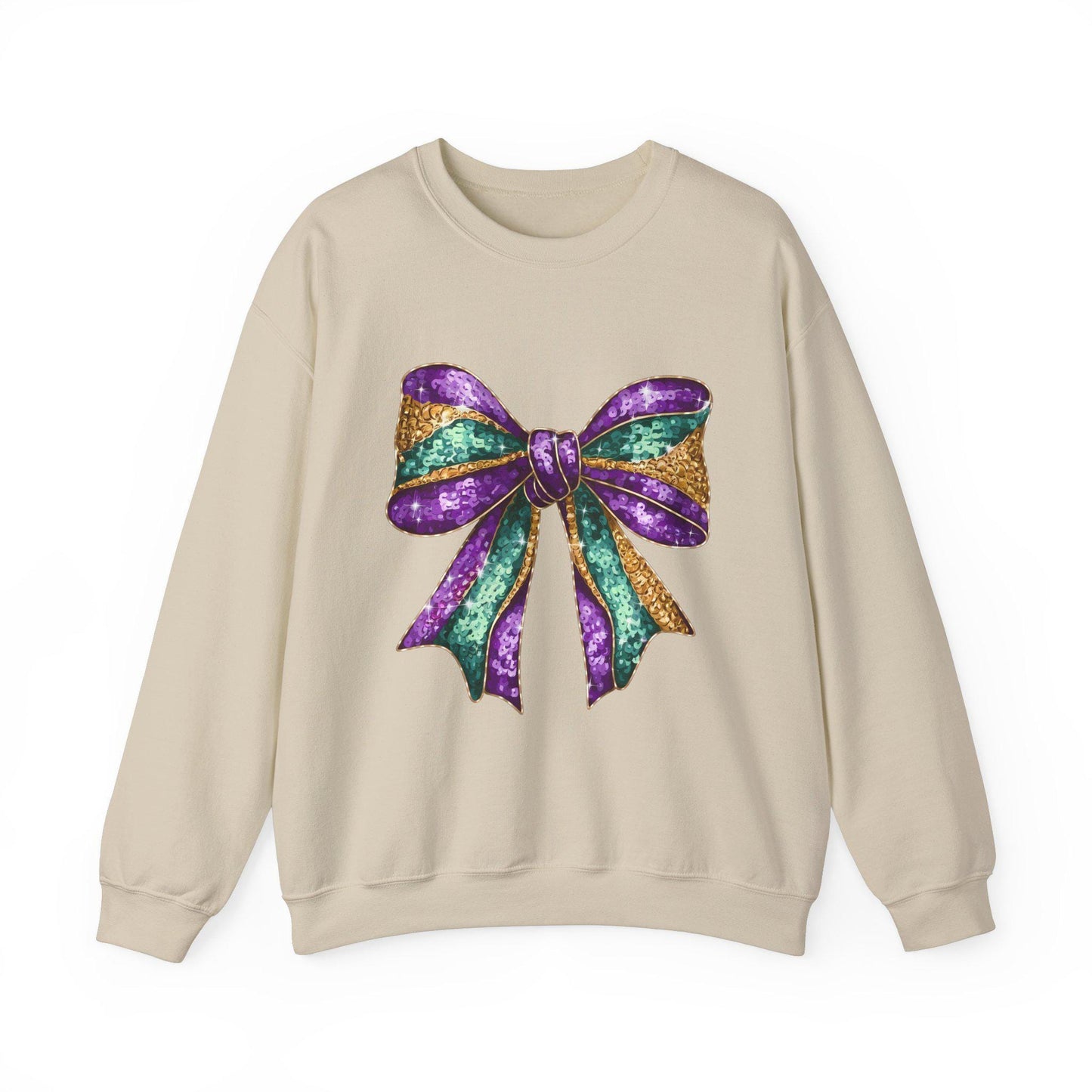 Mardi Gras Bow Sweatshirt, Gold Purple Sparkly Unisex Jumper, Festive Crewneck Pullover, Eye-catching Apparel, Carnival Clothing