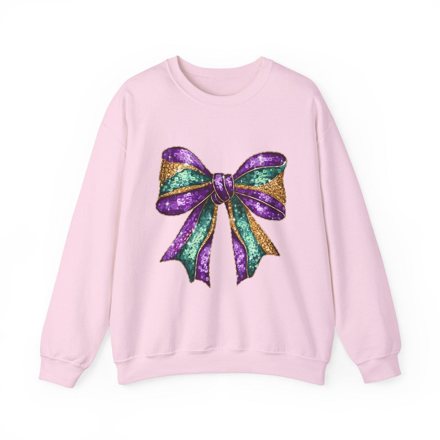 Mardi Gras Bow Sweatshirt, Gold Purple Sparkly Unisex Jumper, Festive Crewneck Pullover, Eye-catching Apparel, Carnival Clothing