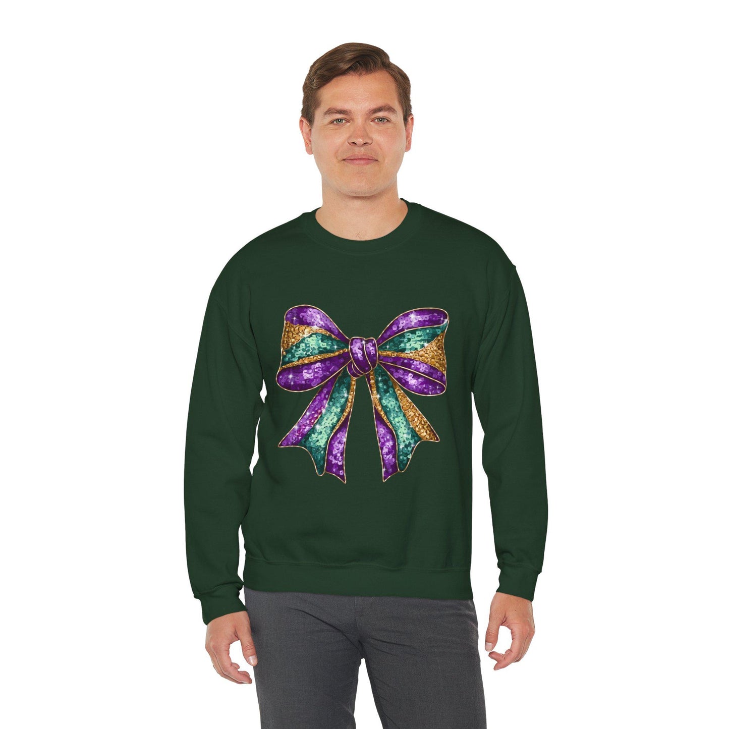 Mardi Gras Bow Sweatshirt, Gold Purple Sparkly Unisex Jumper, Festive Crewneck Pullover, Eye-catching Apparel, Carnival Clothing