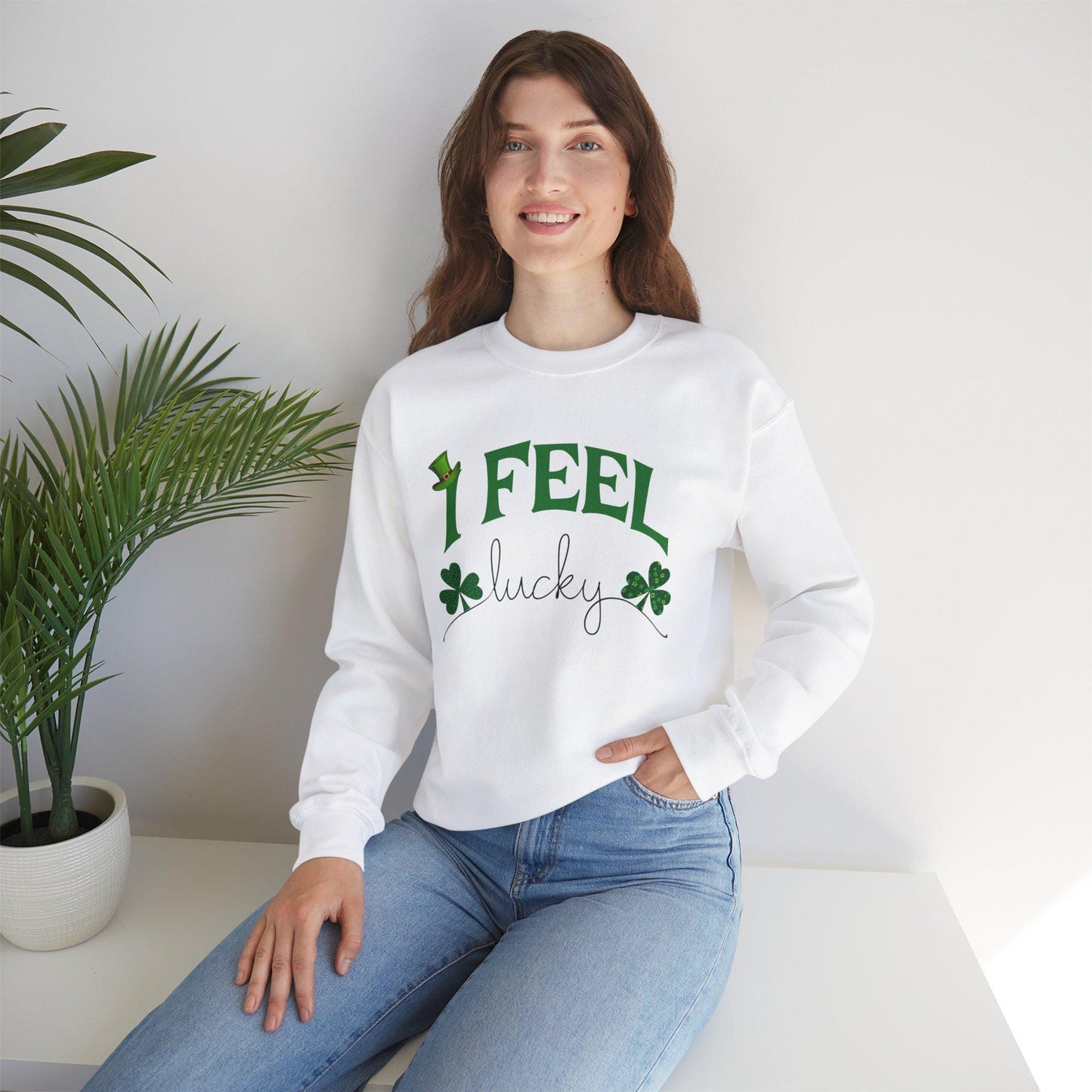 St Patrick's Day Unisex Sweatshirt, I Feel Lucky, Shamrock & Leprechaun Hat, Crewneck Jumper, Green Top, Lucky Charm, Irish Sweater