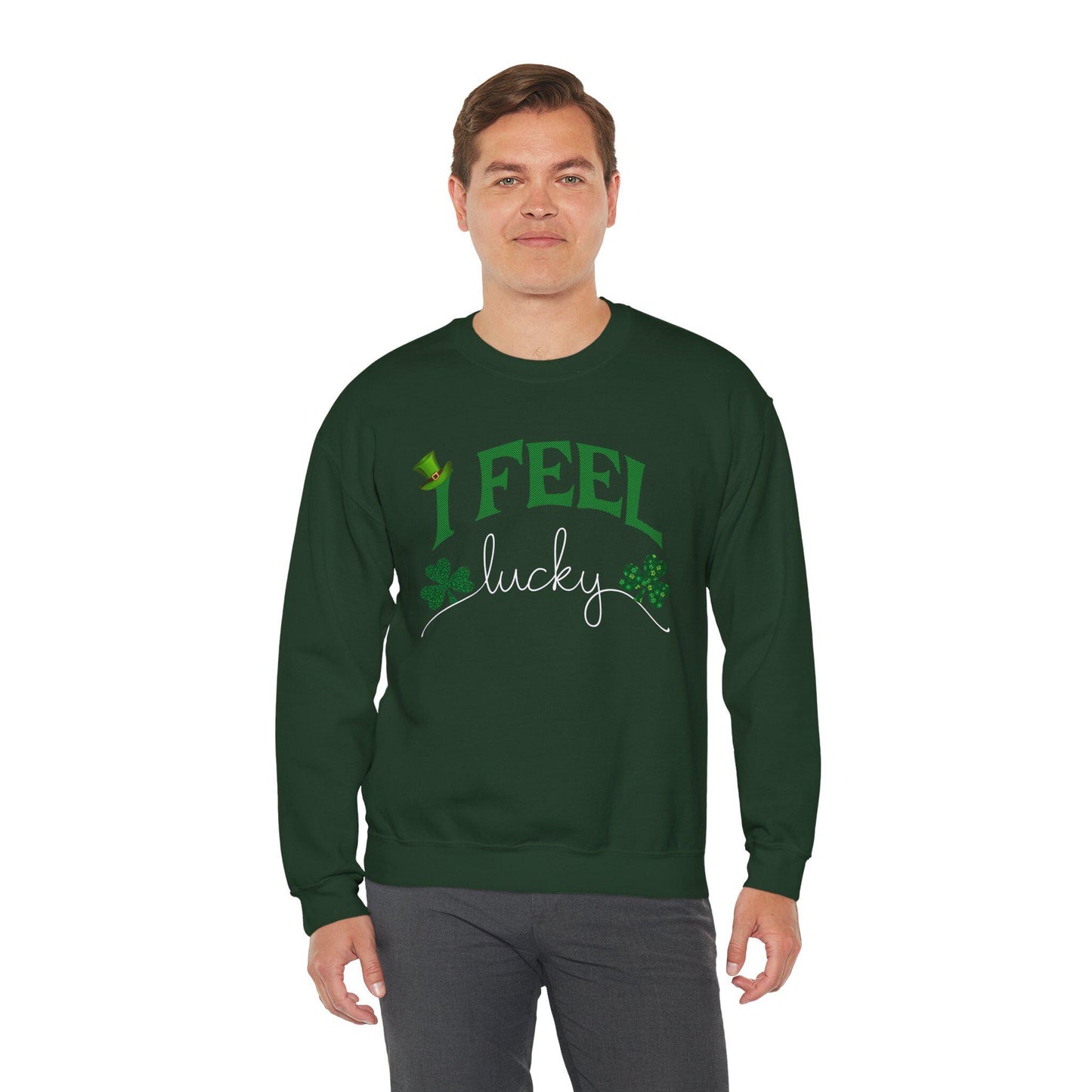 St Patrick's Day Unisex Sweatshirt, I Feel Lucky, Shamrock & Leprechaun Hat, Crewneck Jumper, Green Top, Lucky Charm, Irish Sweater