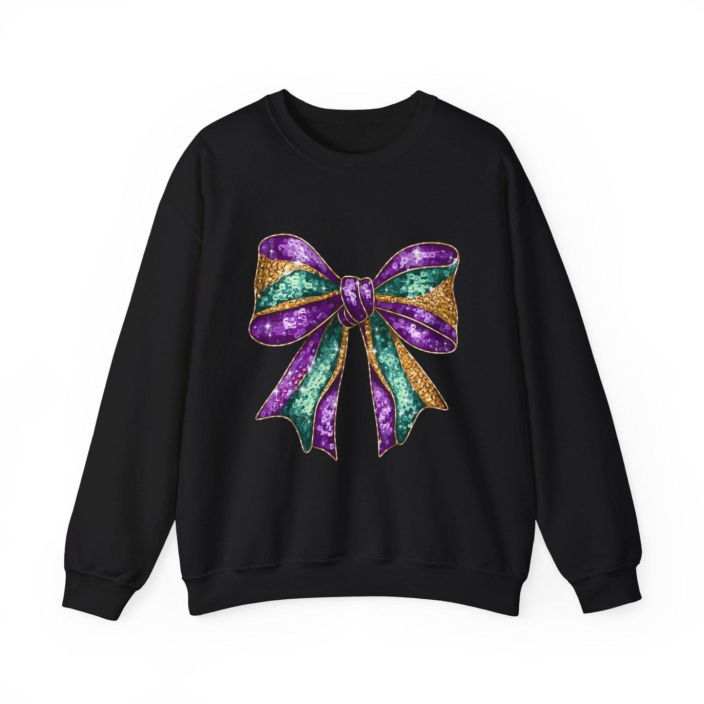 Mardi Gras Bow Sweatshirt, Gold Purple Sparkly Unisex Jumper, Festive Crewneck Pullover, Eye-catching Apparel, Carnival Clothing