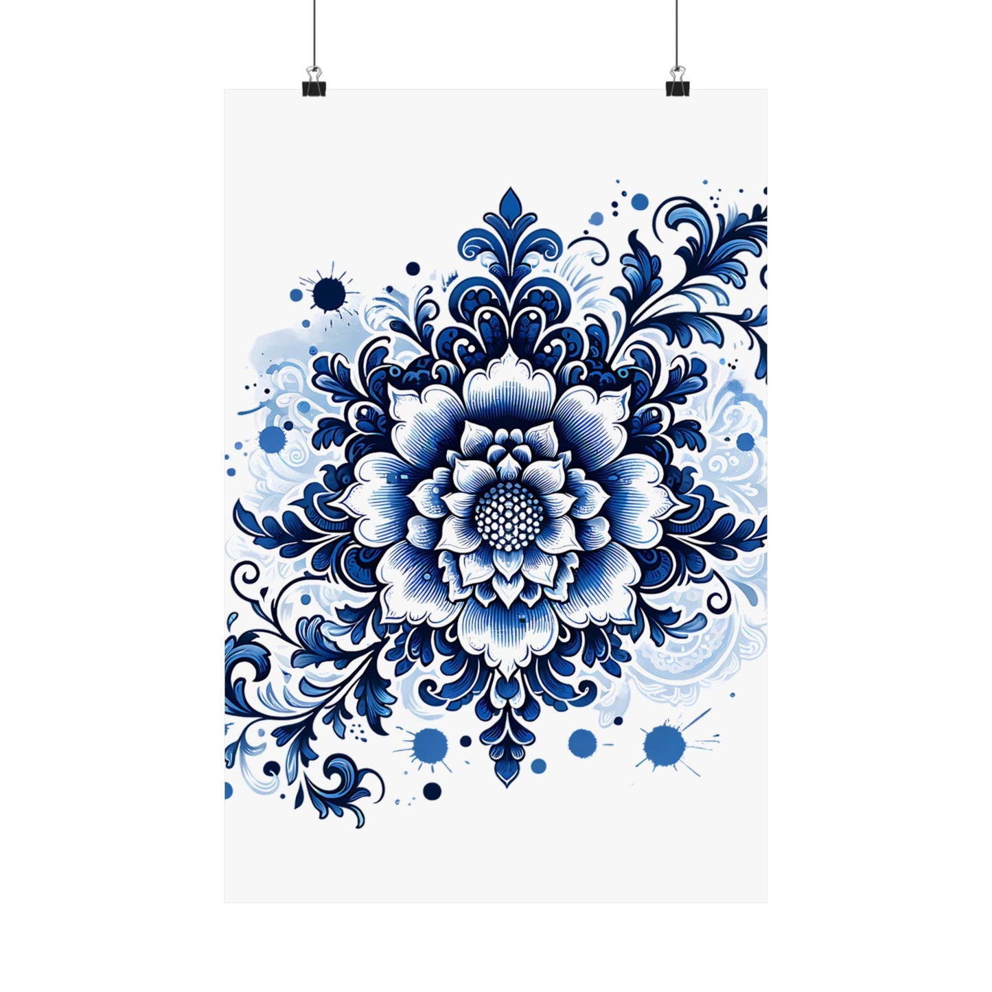 Floral Wall Art Print, Chinoiserie Style Poster, Blue and White Botanical Print