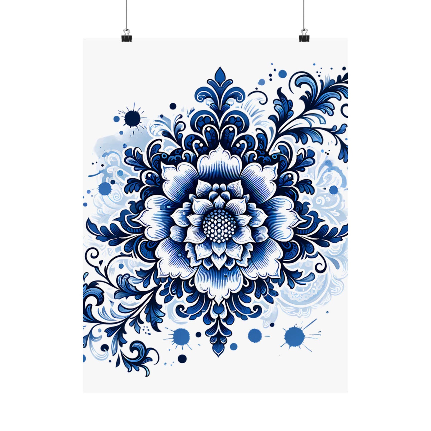 Floral Wall Art Print, Chinoiserie Style Poster, Blue and White Botanical Print