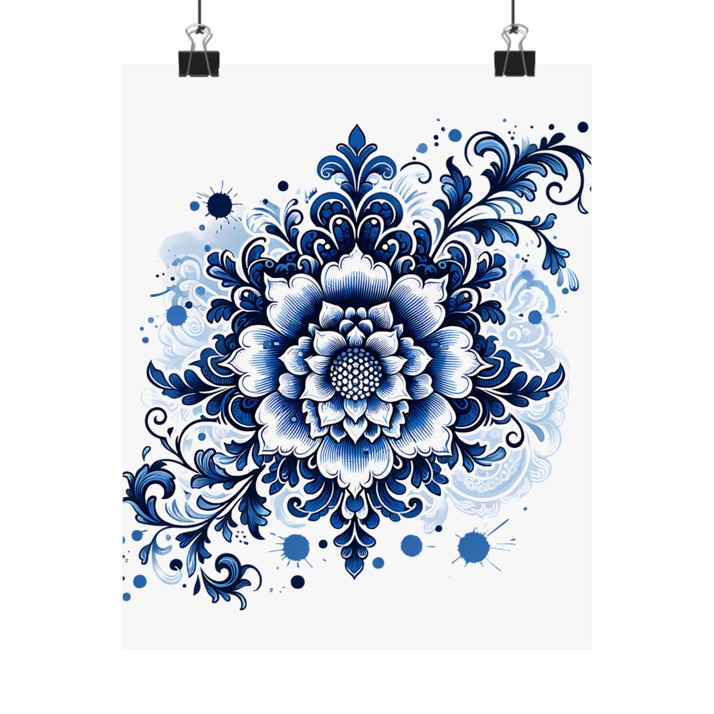 Floral Wall Art Print, Chinoiserie Style Poster, Blue and White Botanical Print