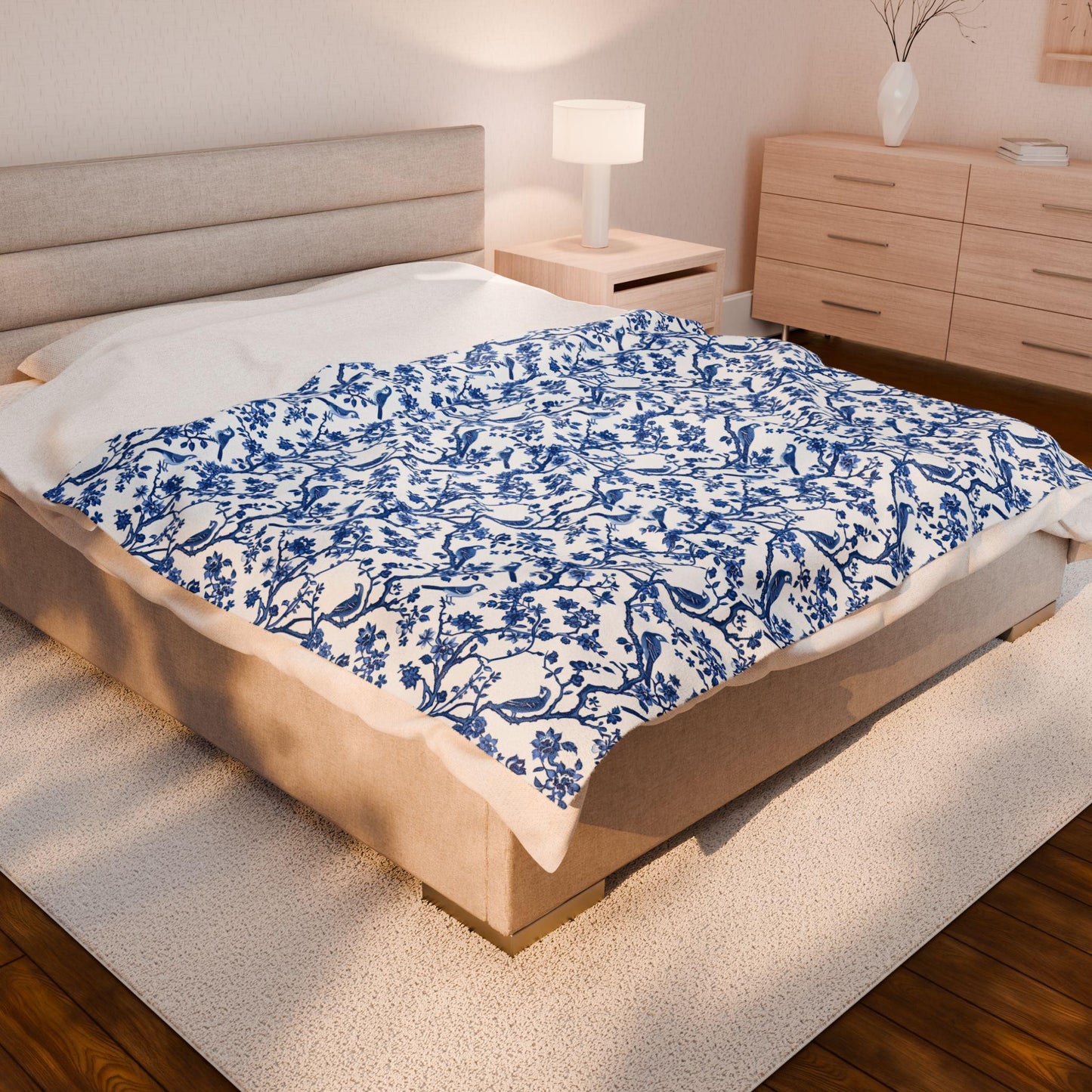 Floral Velveteen Chinoiserie Plush Blanket, Cozy Throw for Home, Floral Blanket, Gift for Her, Mother's Day Gift