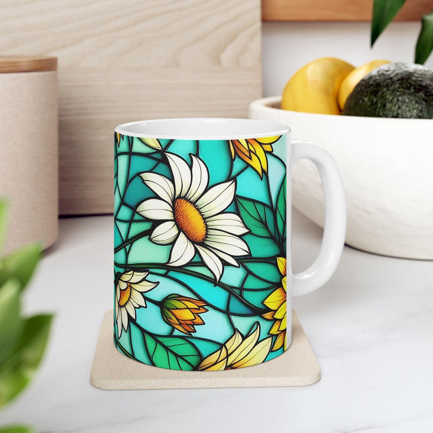 Vibrant Stained Glass Effect Sunflower Mug, Colorful Drinkware, Floral Pattern Mug, Stained Glass Mug