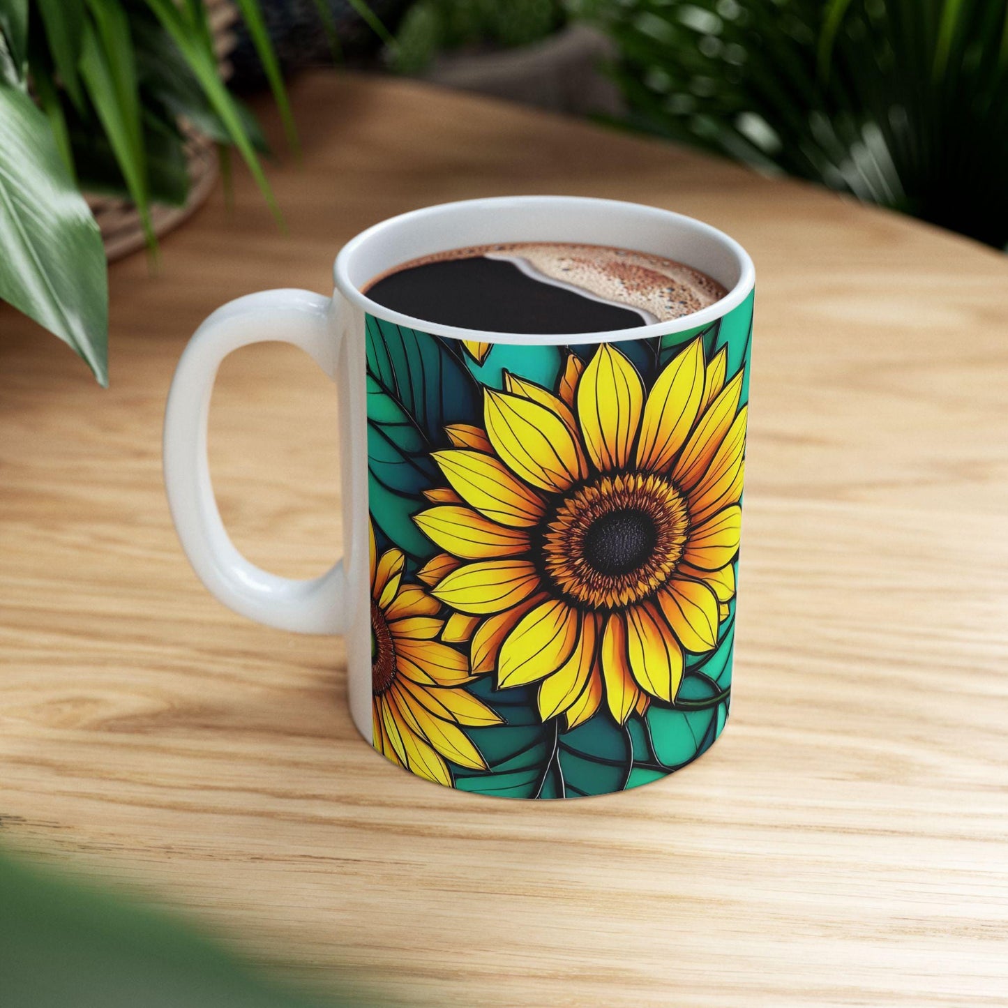 Vibrant Stained Glass Effect Sunflower Mug, Colorful Drinkware, Floral Pattern Mug, Stained Glass Mug