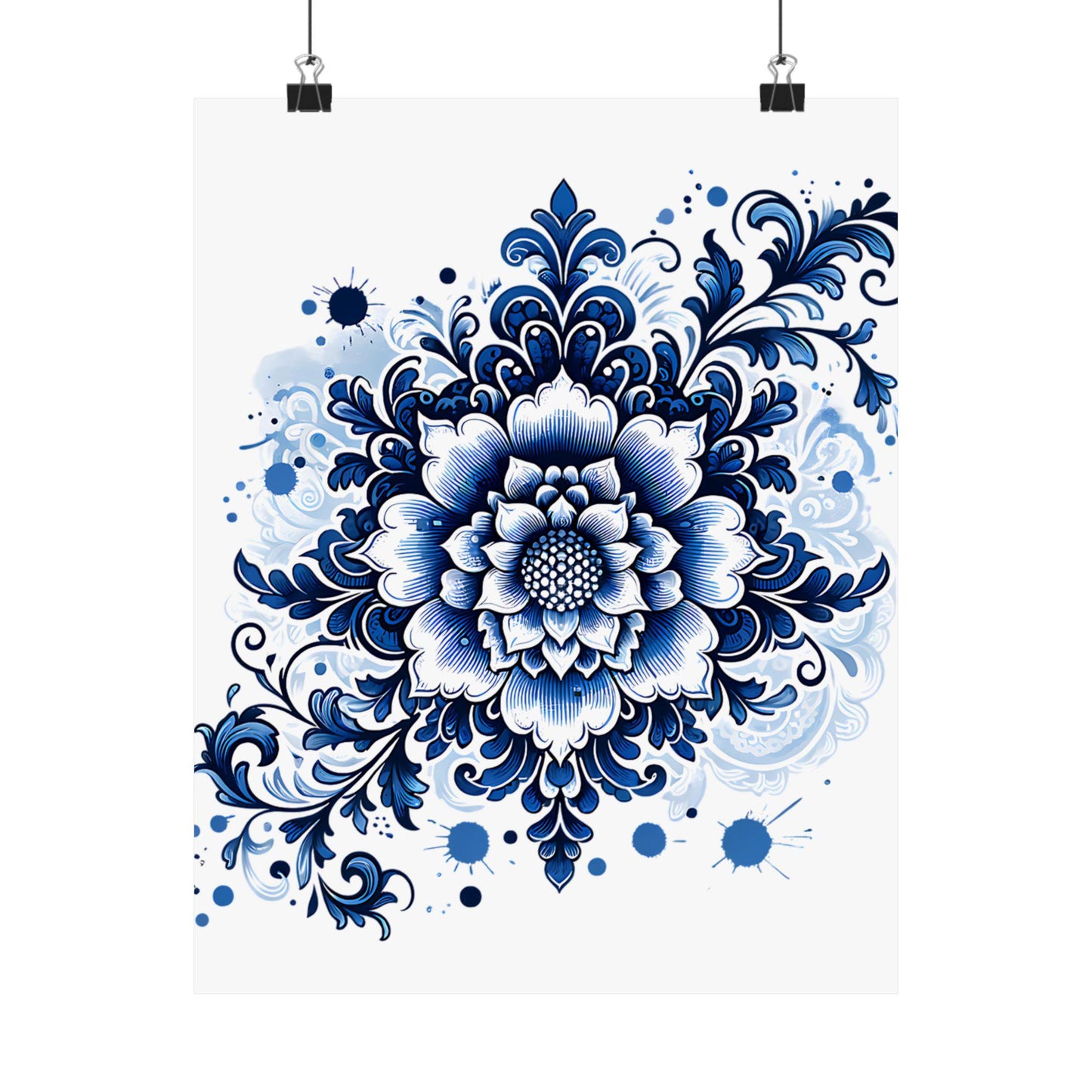 Floral Wall Art Print, Chinoiserie Style Poster, Blue and White Botanical Print