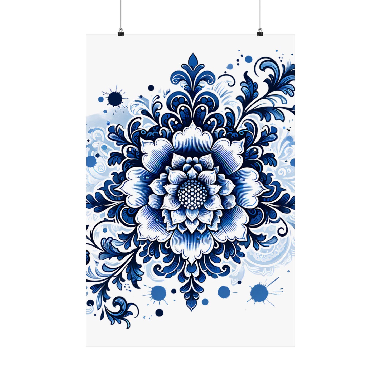 Floral Wall Art Print, Chinoiserie Style Poster, Blue and White Botanical Print