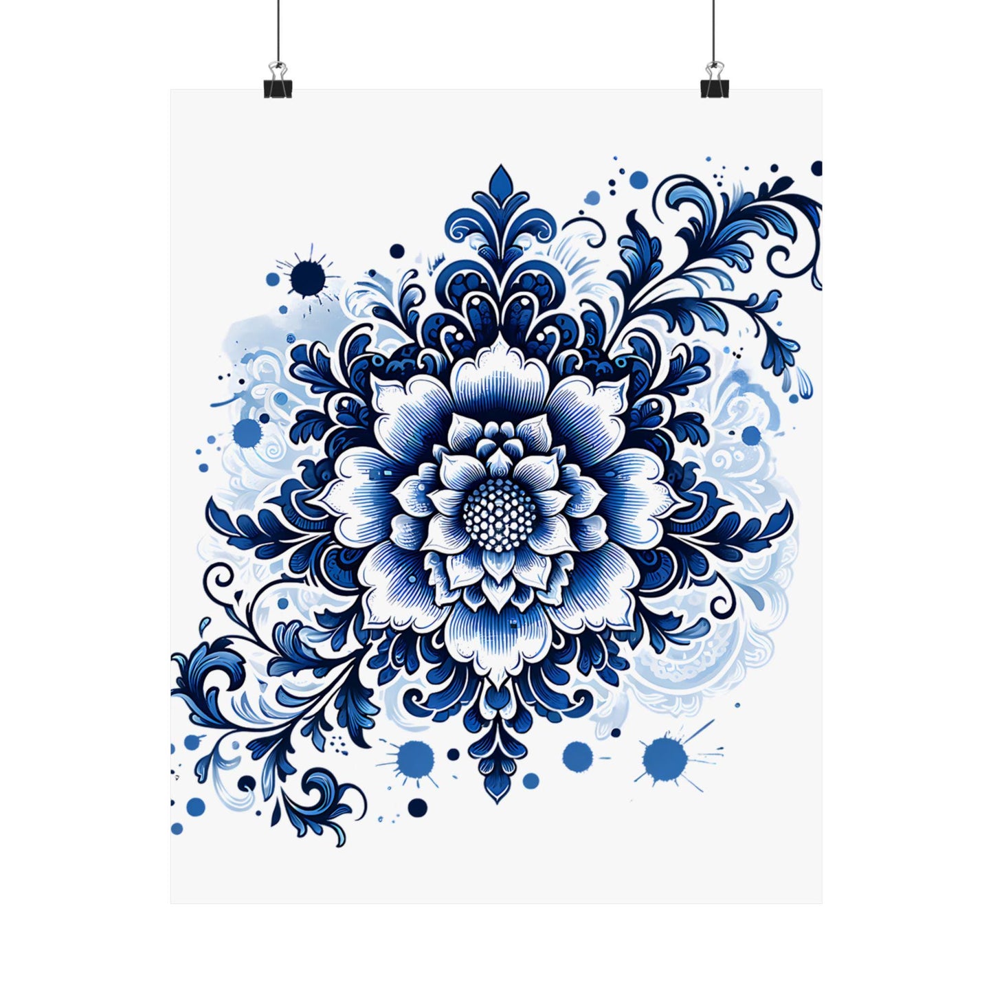 Floral Wall Art Print, Chinoiserie Style Poster, Blue and White Botanical Print