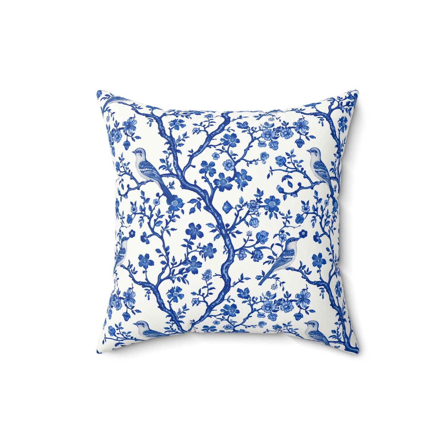 Elegant Chinoiserie Floral Bird Print Pillow, Decorative Throw Pillow for Home, Blue and White Floral Pillow, Modern Farmhouse