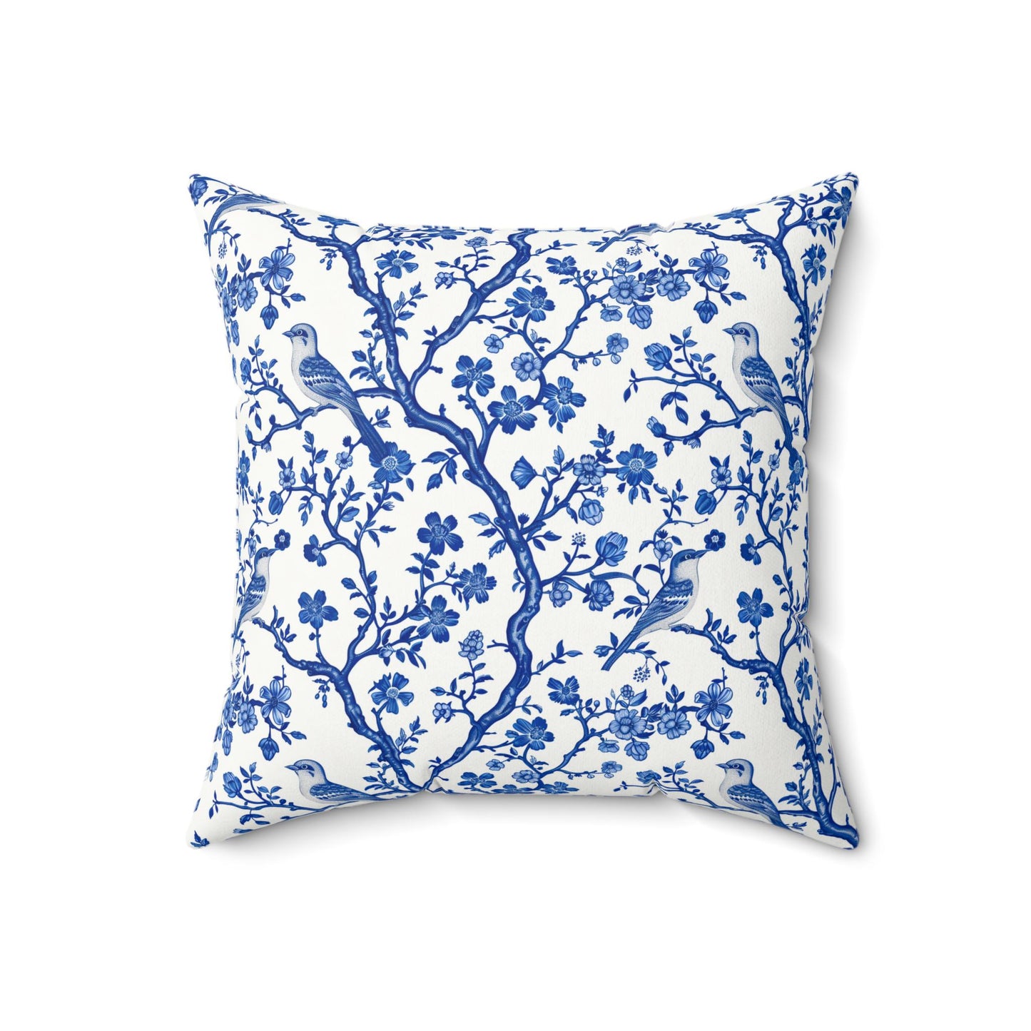 Elegant Chinoiserie Floral Bird Print Pillow, Decorative Throw Pillow for Home, Blue and White Floral Pillow, Modern Farmhouse