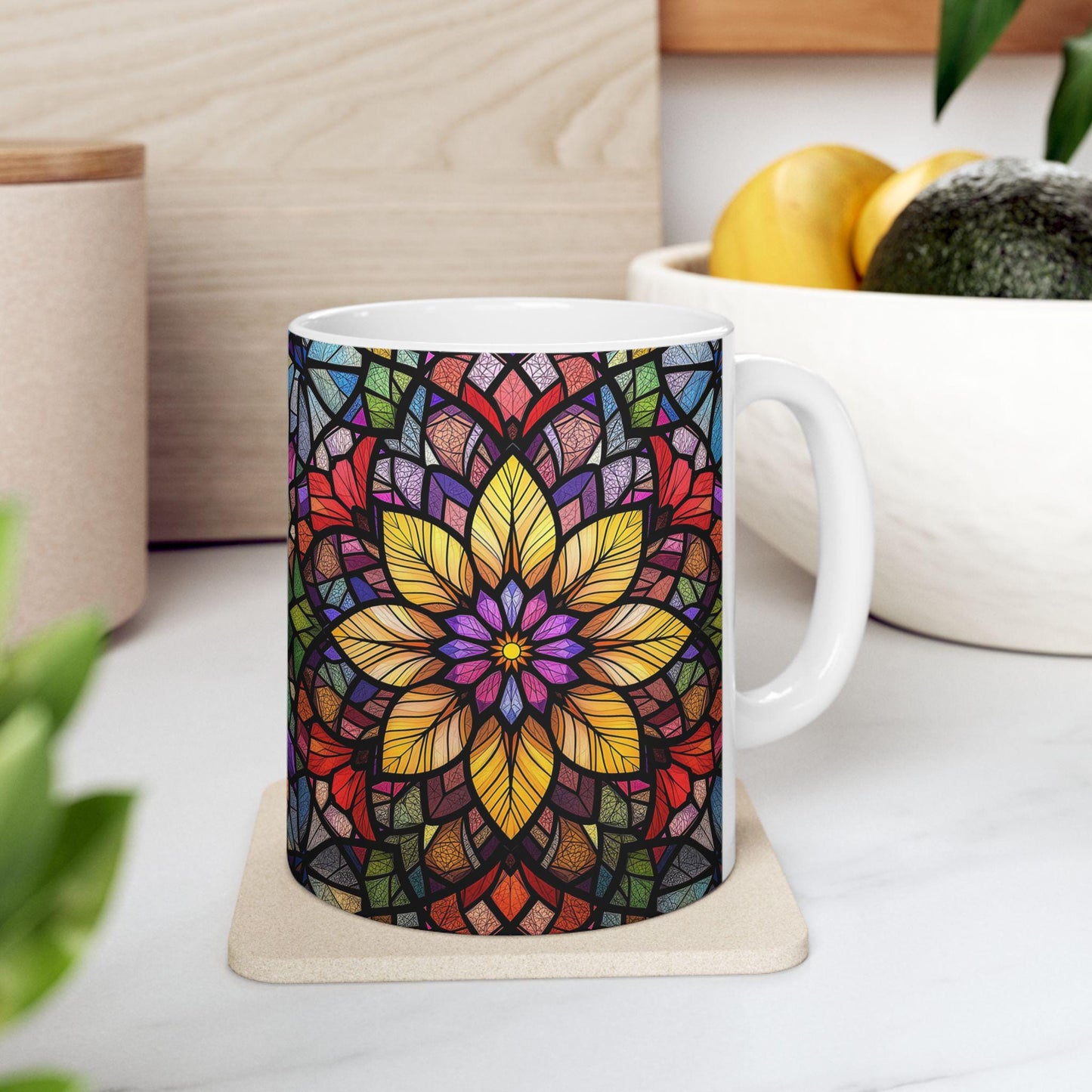 Stained Glass Floral Mug, Vibrant Coffee Cup, Art Lover Gift, Colorful Drinkware
