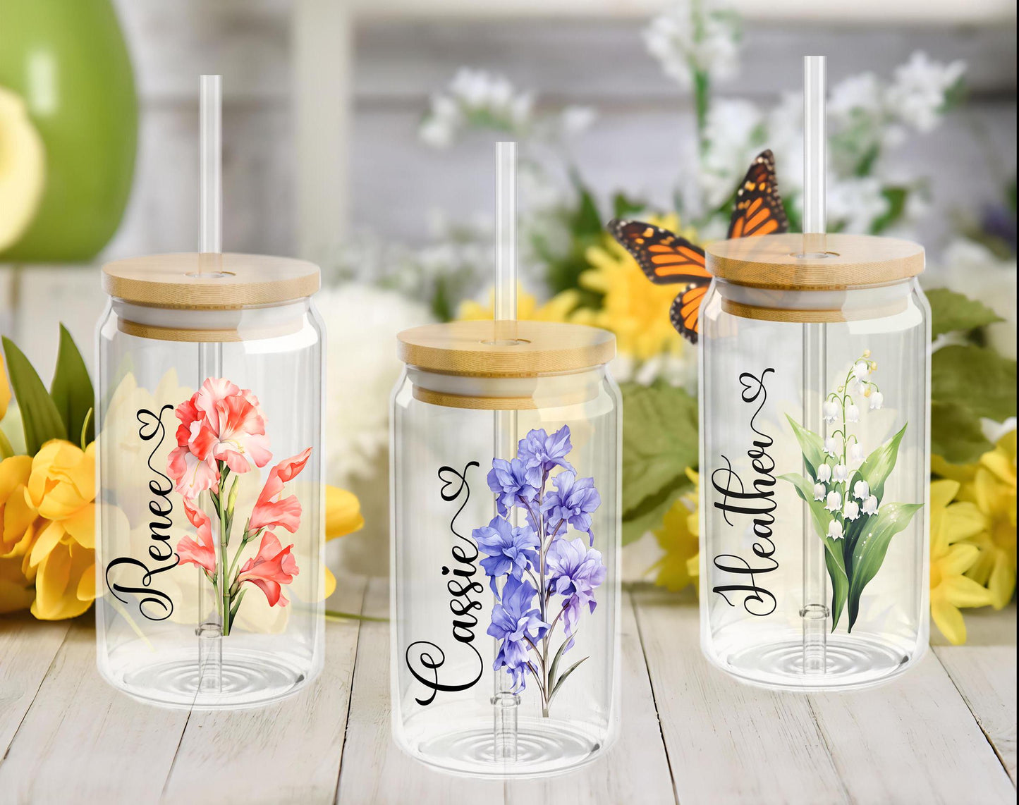 Personalized Birth Month Flower Sipper Glass: 16oz, Floral Sipper Glass, Gift for Her