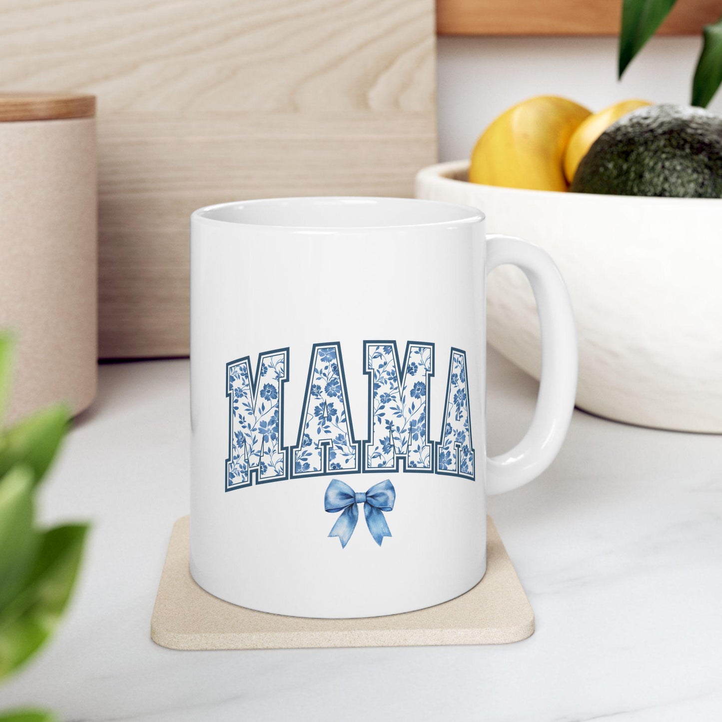 Mama Floral Patterned Ceramic Mug, Mother's Day Gift, Chinoiserie Mug, Coquette Bow, Gift for her