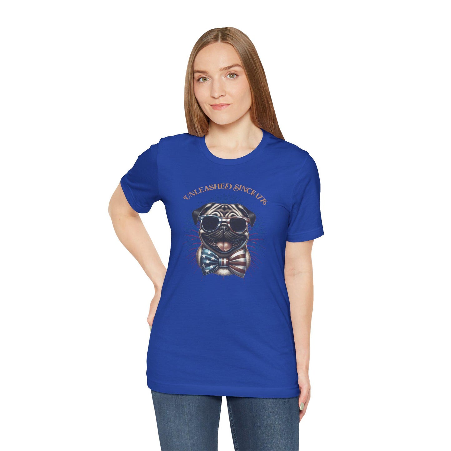 Patriotic Pug T-Shirt, Cute Pet T-Shirt, July 4th T-Shirt, Gift for Dog Lovers, Animal Lover Apparel, Unleashed Since 1776