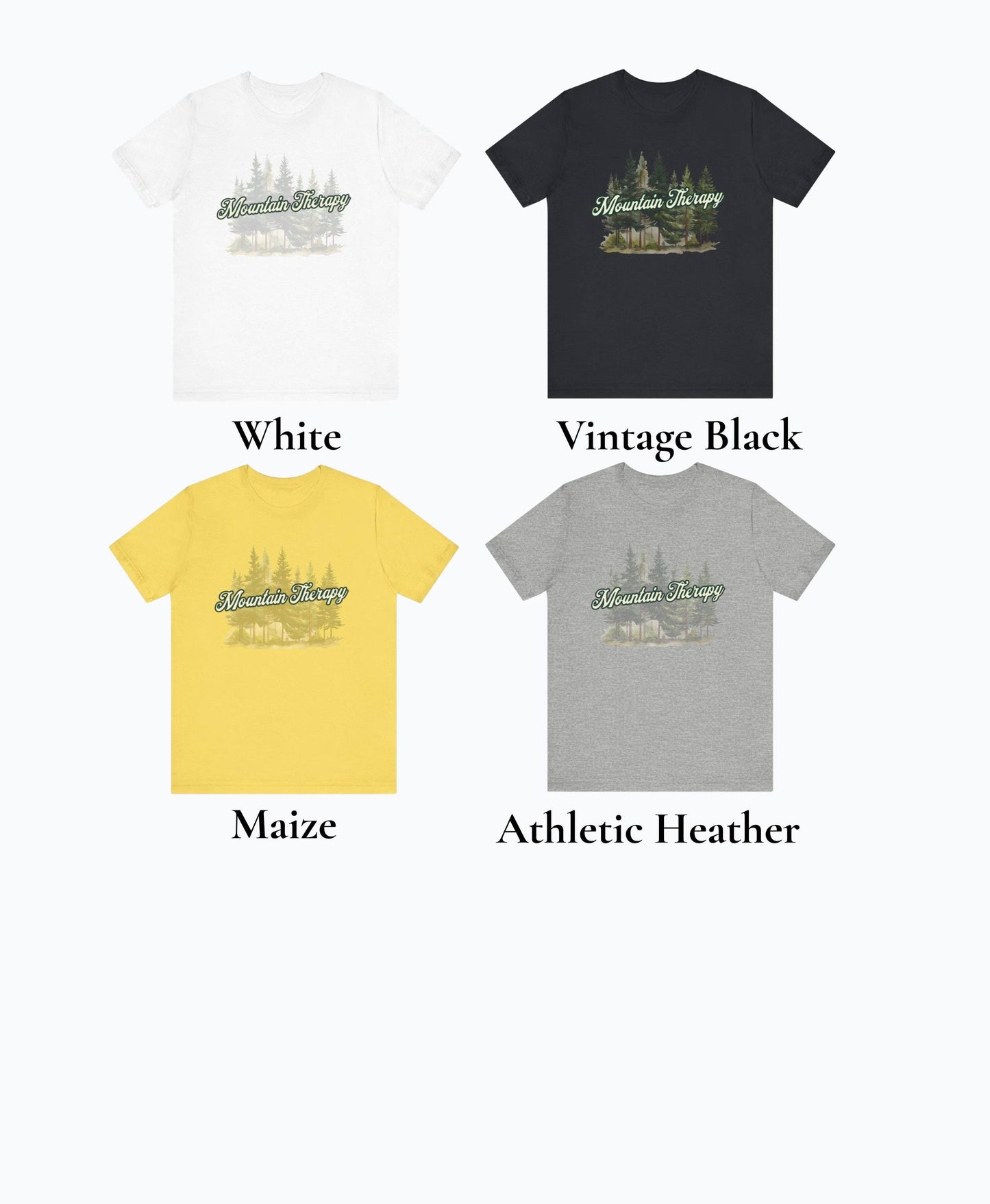 Mountain Therapy T-Shirt, Nature-Inspired Graphic Tee with Pine Trees & Retro Script | Outdoorsy Hiking Forest Vibes, Gift for Nature Lovers