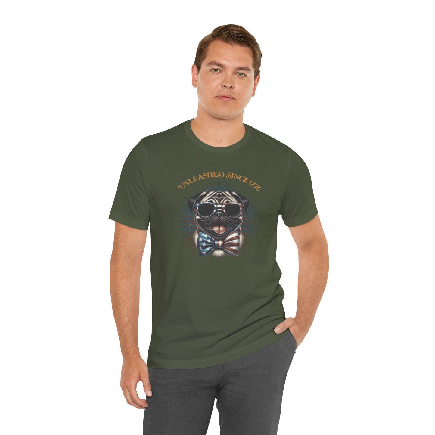 Patriotic Pug T-Shirt, Cute Pet T-Shirt, July 4th T-Shirt, Gift for Dog Lovers, Animal Lover Apparel, Unleashed Since 1776