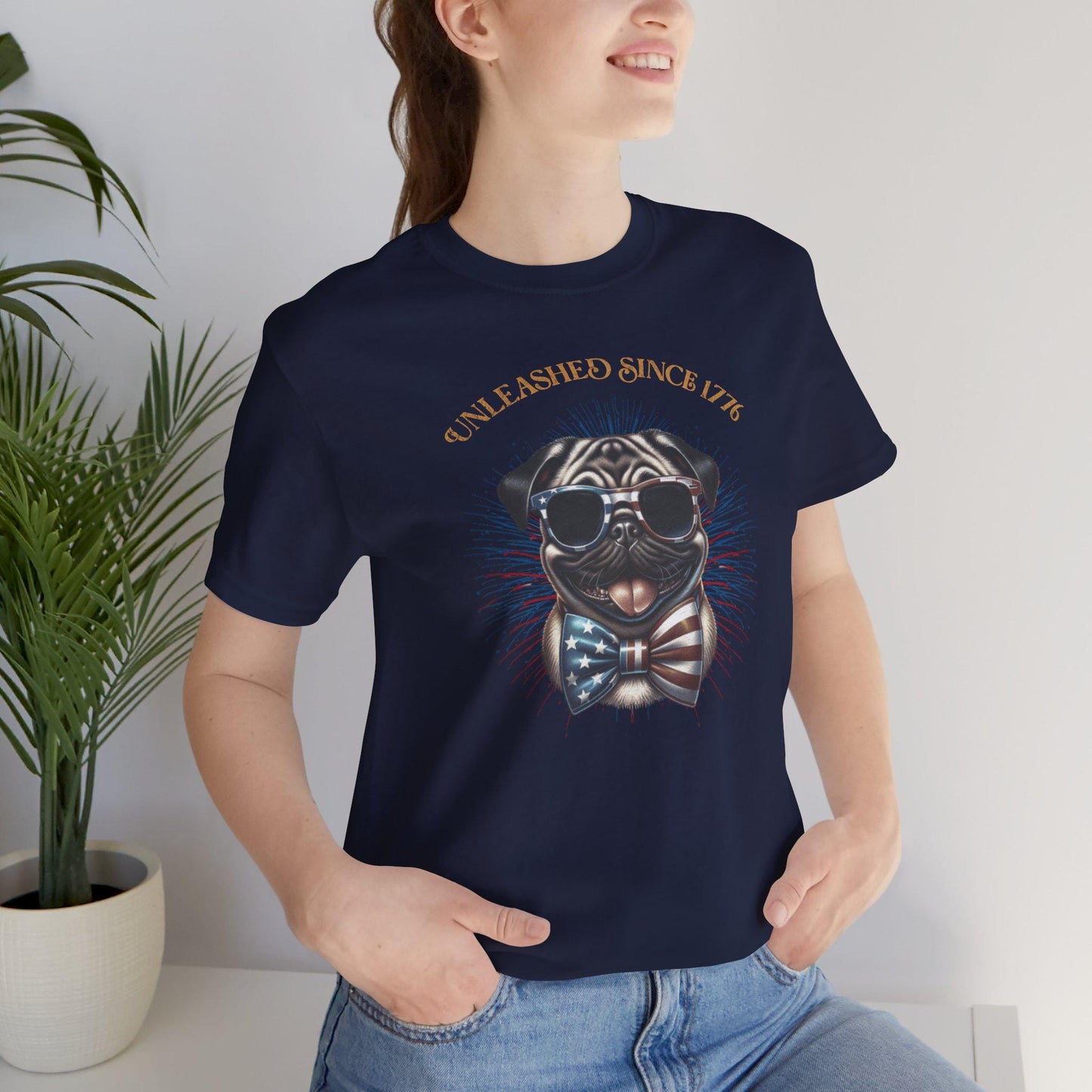 Patriotic Pug T-Shirt, Cute Pet T-Shirt, July 4th T-Shirt, Gift for Dog Lovers, Animal Lover Apparel, Unleashed Since 1776