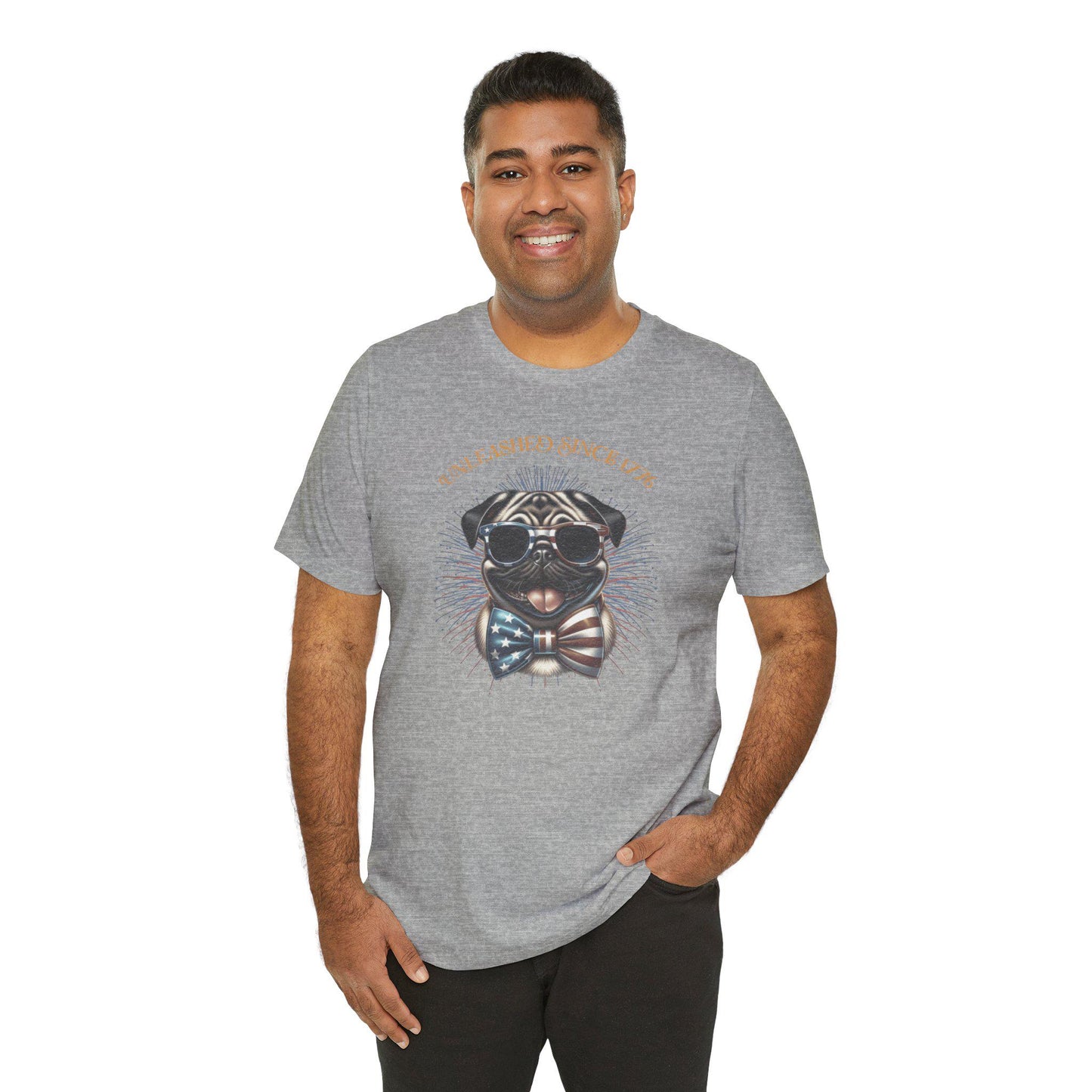 Patriotic Pug T-Shirt, Cute Pet T-Shirt, July 4th T-Shirt, Gift for Dog Lovers, Animal Lover Apparel, Unleashed Since 1776