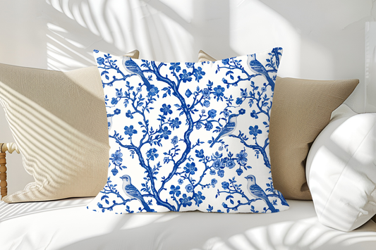 Chinoiserie Floral Bird Print Pillow
