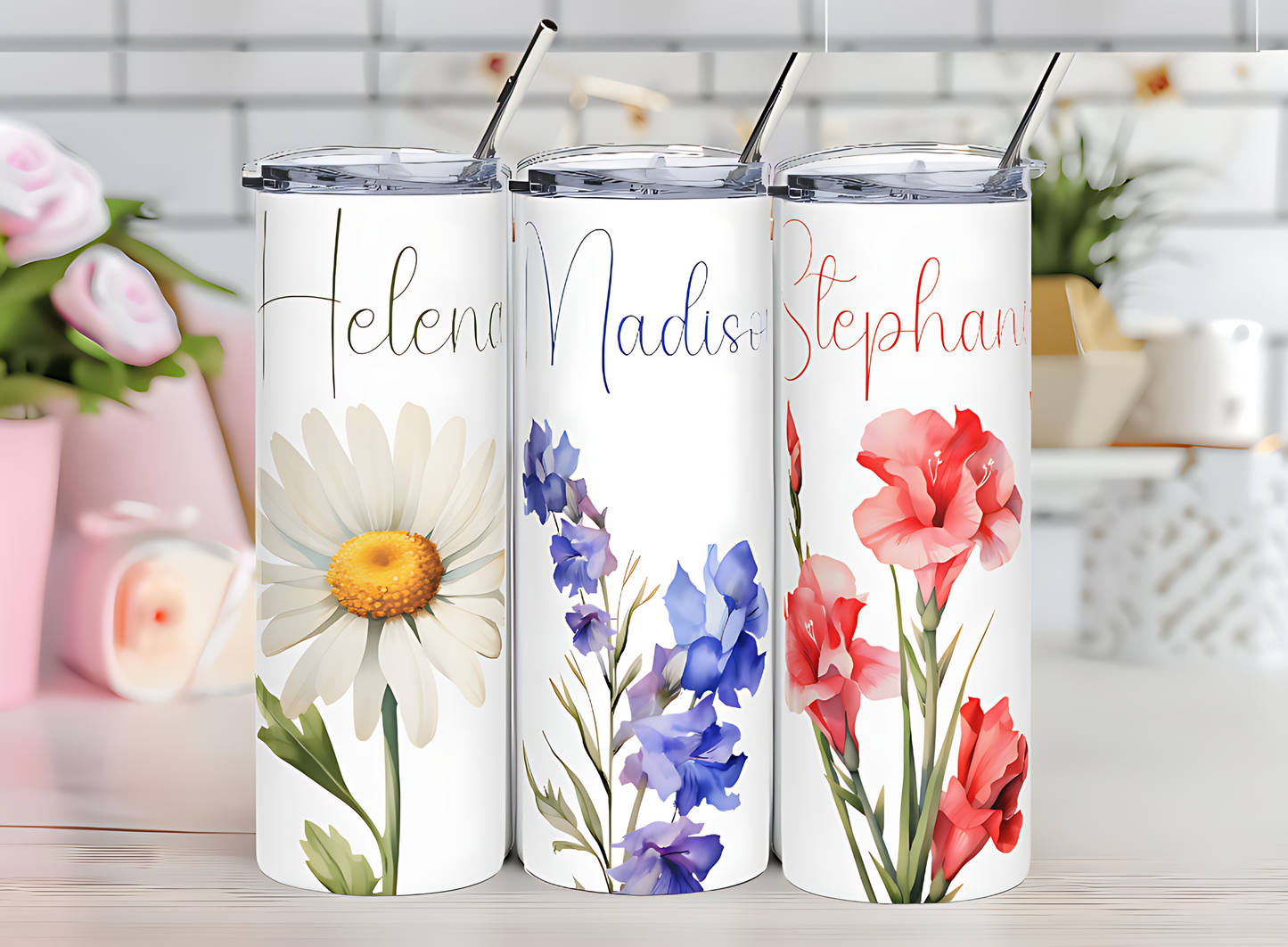 Personalized Birth Month Flower Tumbler: 20oz Stainless Steel