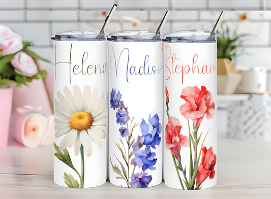 Personalized Birth Month Flower Tumbler: 20oz Stainless Steel
