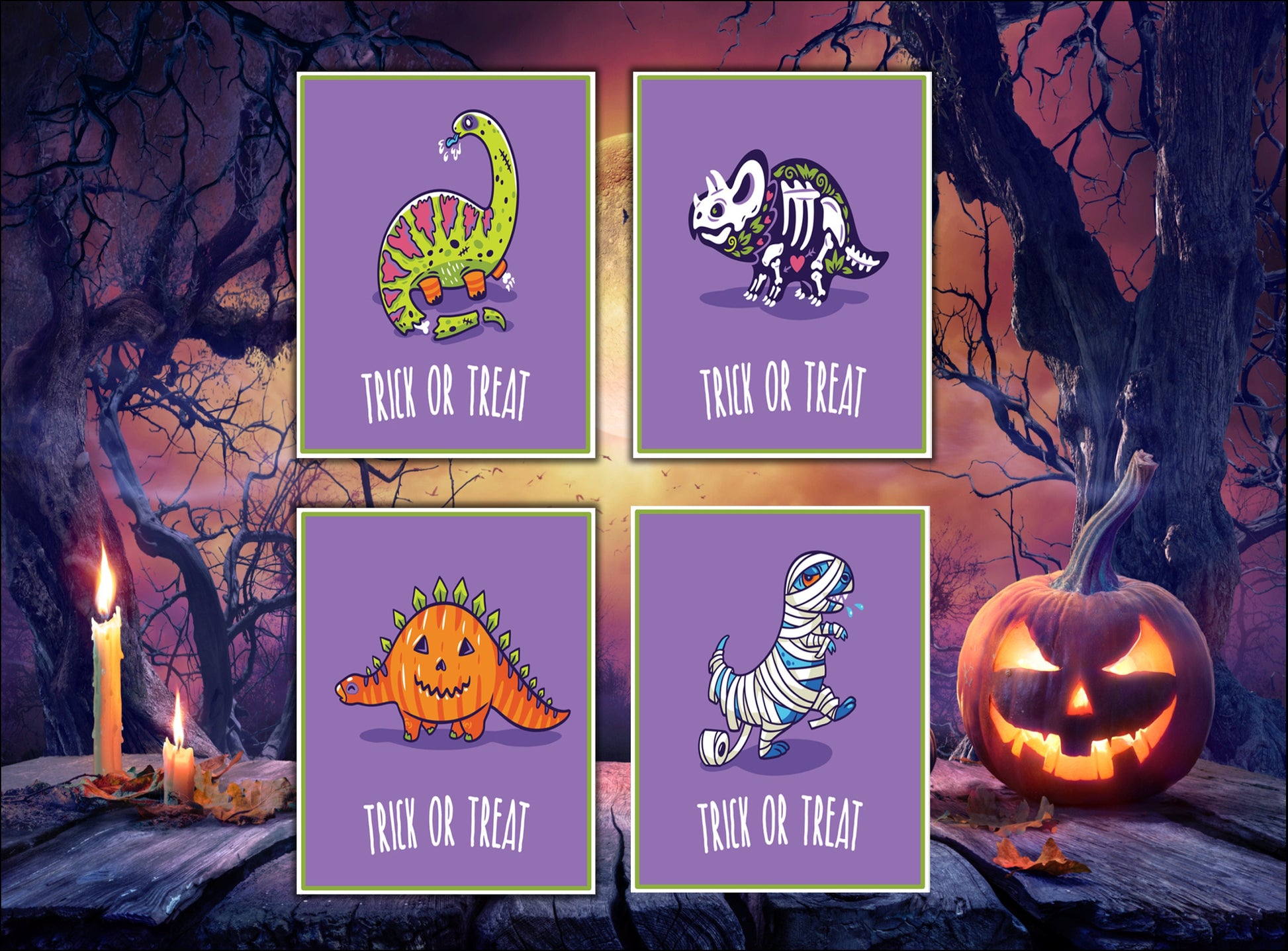 Kids' Dinosaur Halloween Cards: set of 4 or 8