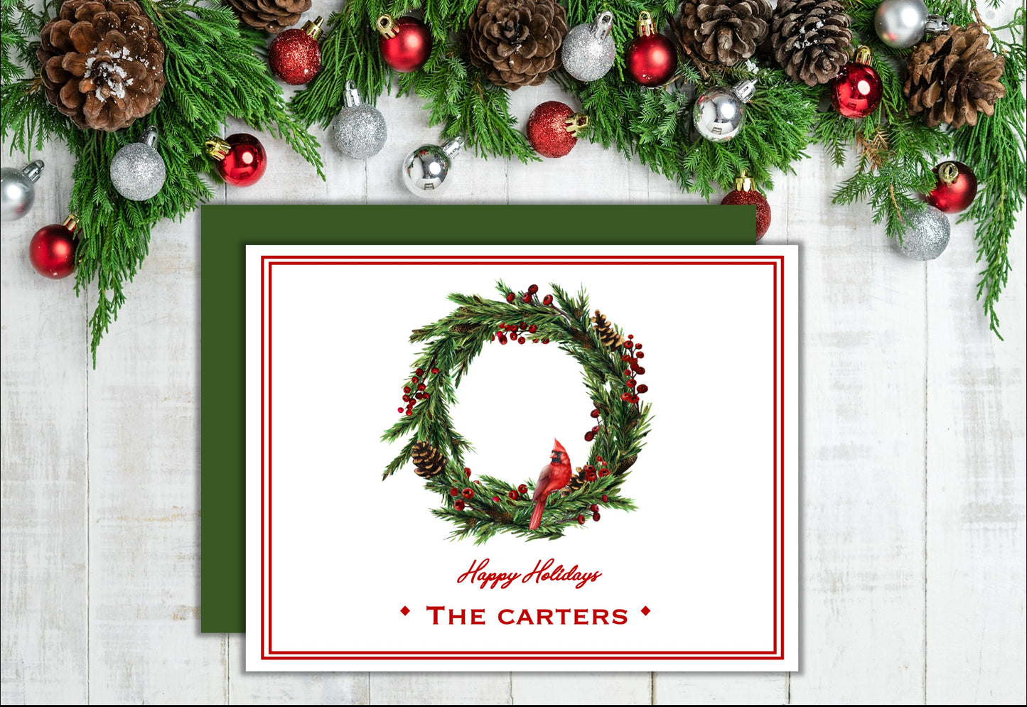 Personalized Christmas Cards: Cardinal Wreath