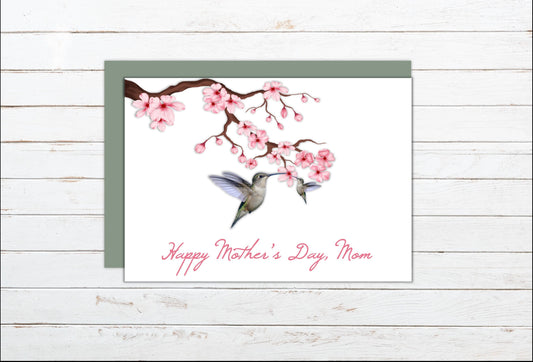 Mother's Day Card - Hummingbird & Cherry Blossoms - Thank You Mom