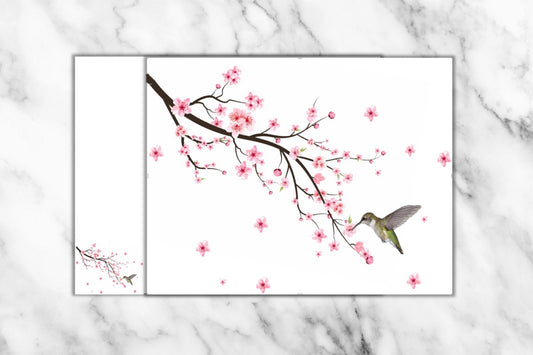 Cherry Blossom & Hummingbird Notecards - set of 10 blank cards with matching envelopes