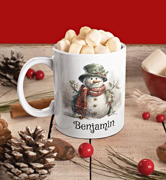 Personalized Holiday Ceramic Mug, Snowman Christmas Mug