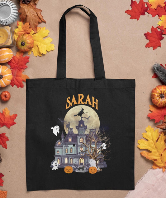 Personalized Halloween Tote Bag, customized halloween tote bag, halloween tote, haunted house witch pumpkin ghosts, goodie bag