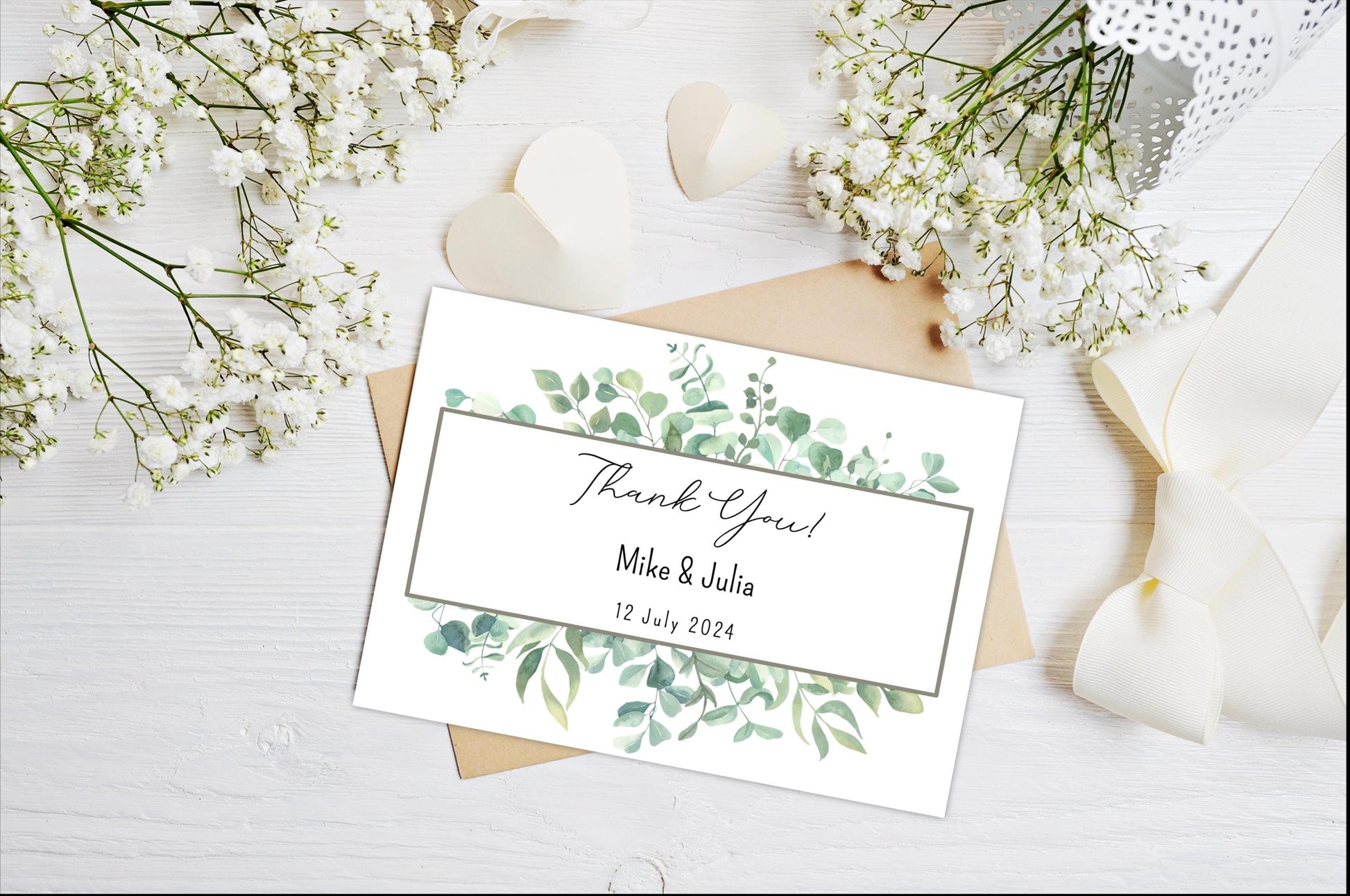 Set of Personalized Wedding Thank You Cards with Envelopes-Botanical Frame