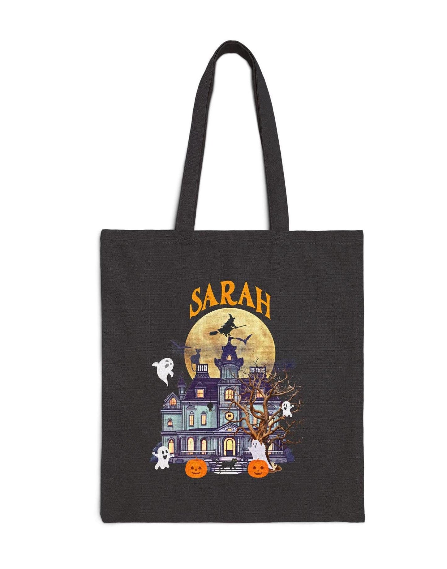 Personalized Halloween Tote Bag, customized halloween tote bag, halloween tote, haunted house witch pumpkin ghosts, goodie bag