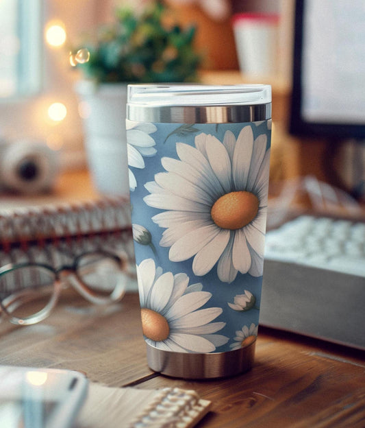 Daisy Tumbler, Floral Drinkware, Blue Flower Cup, Gift for Nature Lover, Coffee Mug Alternative